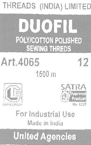 THREADS (INDIA) LIMITED POLY/COTTON POLISHED SEWING THREDS Art.4065 12 SATRA CG vm For Industrial Use Made in India United Agencies logo