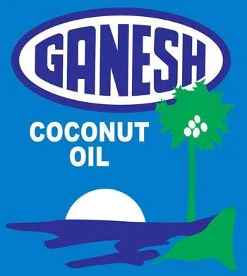 GANESH COCONUT OIL WITH COCONUT TREE AND SEA VIEW logo