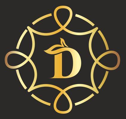 The alphabet D presentd in a stylised manner along with a creative design around it all in golden colour black backgroun logo
