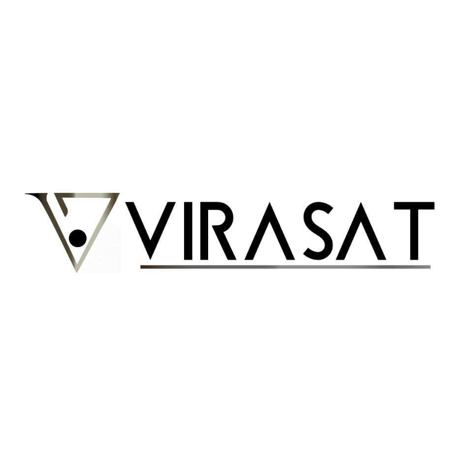 VIRASAT written in a stylized manner with an artistic representation of the letter V logo