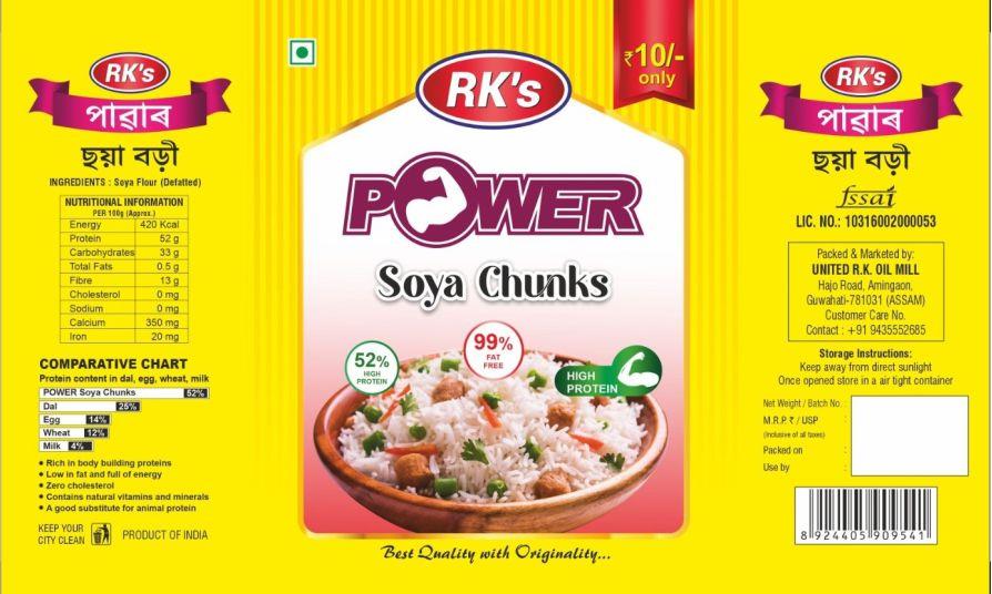 RK’S Power Soya chunks along with descriptive matters as per label logo