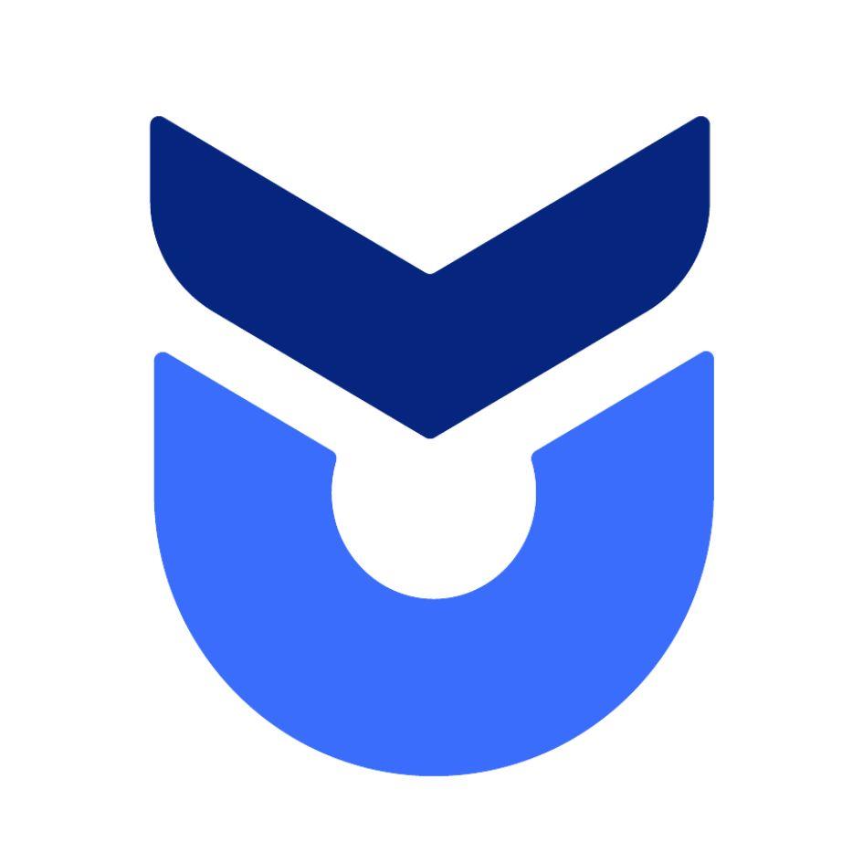 The image shows a geometric logo with a dark blue inverted chevron over a light blue "U" logo