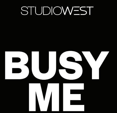 STUDIOWEST BUSY ME label in black background logo