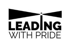 LEADING WITH PRIDE written in a stylized manner with a device logo