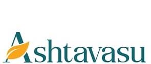 LOGO WITH WORD ASHTAVASU AND DRAWING OF YELLOW LEAF IN ALPHABET A logo