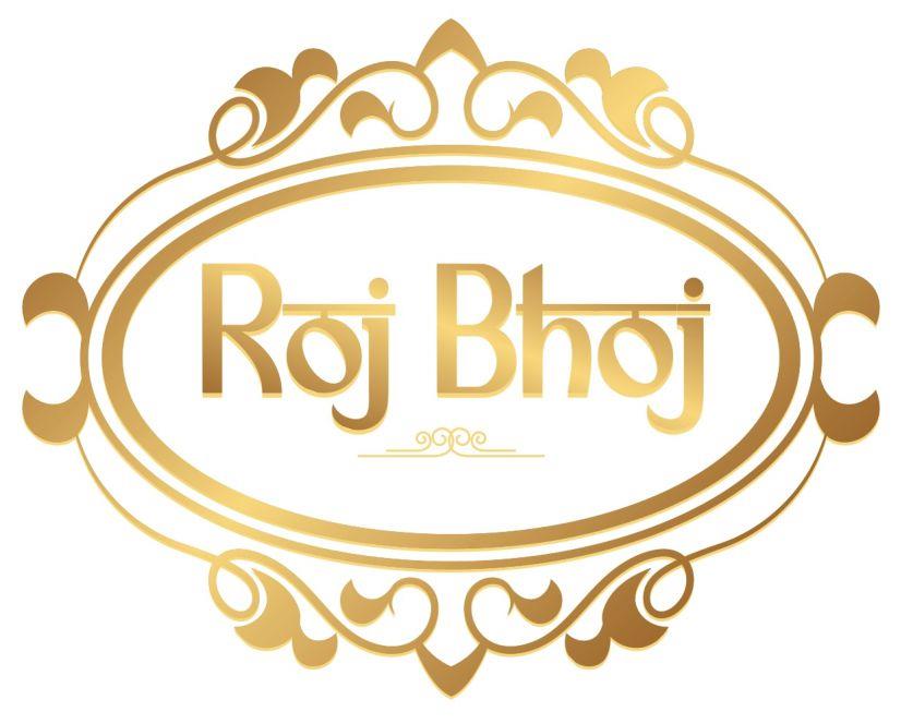 ROJ BHOJ artistic its background golden color designing label device logo