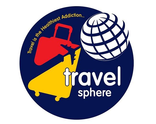 TRAVEL SPHERE WITH TAGLINE TRAVEL IS THE HEALTHIEST ADDICTION logo