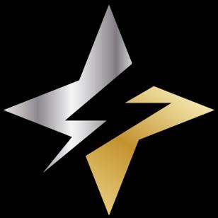 A TETRAGRAM WITH A LIGHTNING SHAPE CARVED OUT IN CHROMIUM AND GOLD COLOURS logo