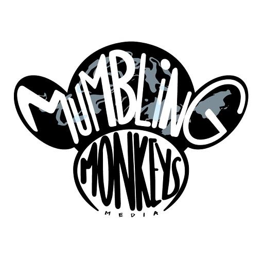Logo has outline of monkey face mentioned Mumbling Monkeys Media inside it. logo