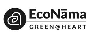 Composite label of EcoNama written in a stylized manner with a device of heart in a circle with e illustrated as a leaf logo