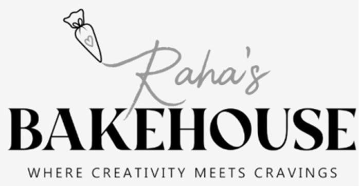 Raha`s BAKEHOUSE WITH TAGLINE WHERE CREATIVITY MEETS CRAVINGS logo