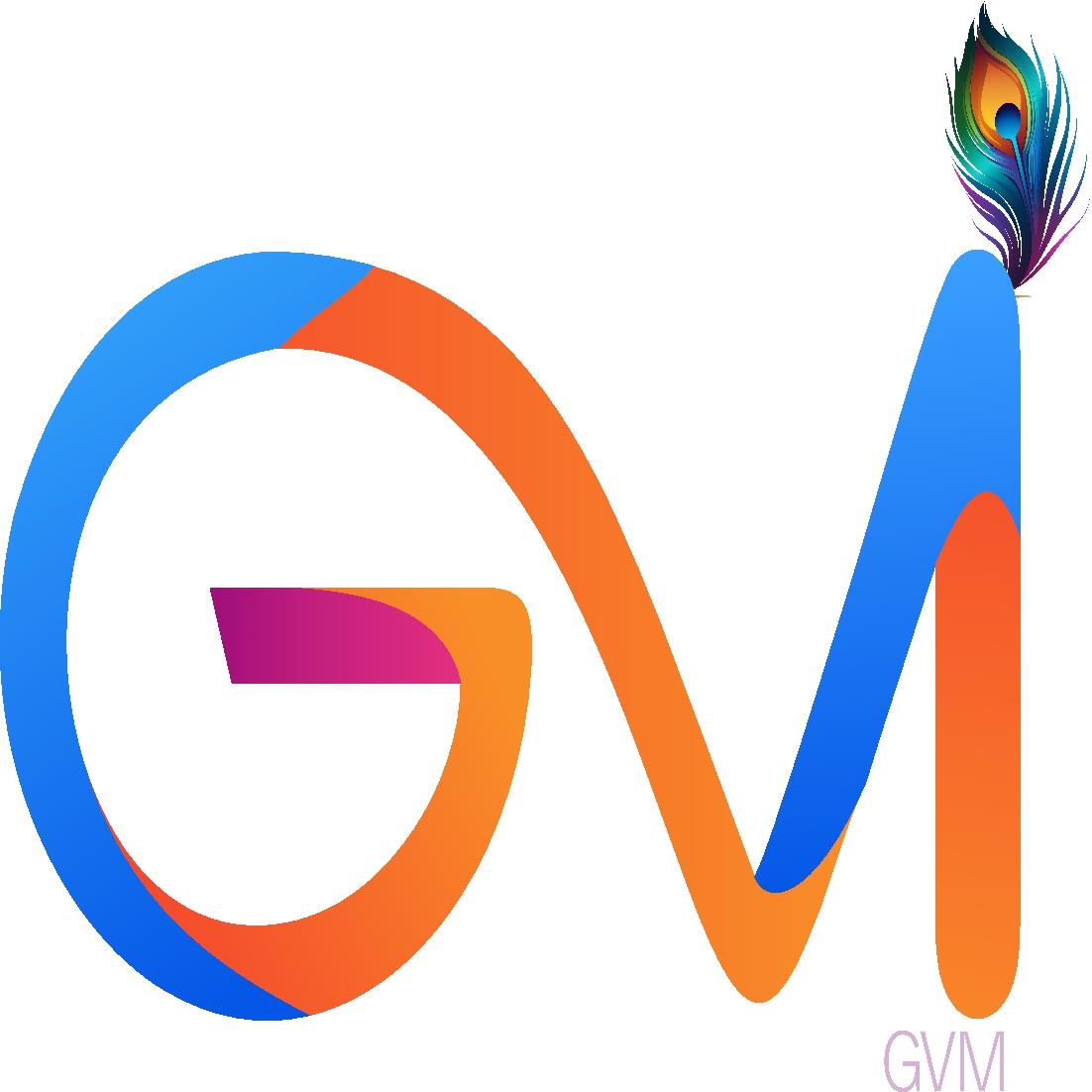 The trademark consists of the letters “GVM” in blue, orange, and pink, with a peacock feather above letter M logo