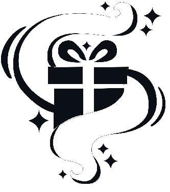 A gift wrapped box surrounded by a swirl logo