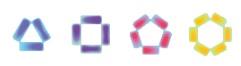 Composite label of Devices of stylised triangle, square, pentagon and hexagon. logo