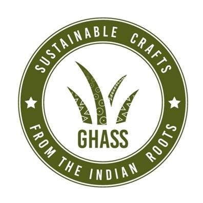 "GHASS" with tagline of 'SUSTAINABLE CRAFTS FROM THE INDIAN ROOTS' logo