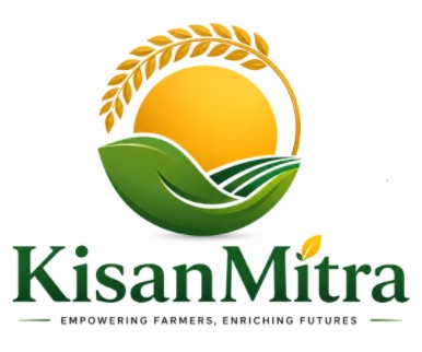 KisanMitra (with device of sun, wheat, and green fields and tagline EMPOWERING FARMERS, ENRICHING FUTURES) logo