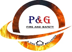DESIGN WITH LETTER P AND G CONTAINING WORD FIRE AND SAFETY, THE DEVICE OF HOME WITH A ONE ROOF SOLUTION. logo