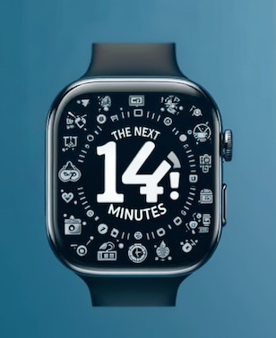 LOGO OF THE NEXT 14 MINUTES IN A DIGITAL BLACK WATCH WITH BLUE BACKGOUND logo