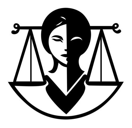 DEVICE of Stylized Head of Lady Justice with balancing scales. logo